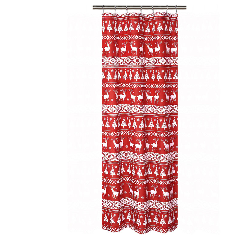 Red Christmas Boho Shower Curtain 90GSM Oxford Polyester | Tree & Snowflake Print, Water-Repellent & Machine Washable Festive Bathroom Decor