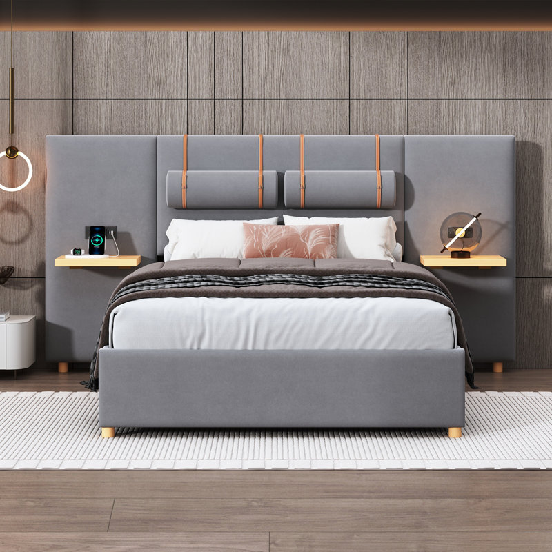 Grand lit plateforme tapissier avec prises doubles / ports USB, 2 coussins de chevet et tablettes de rangement, gris, Gris