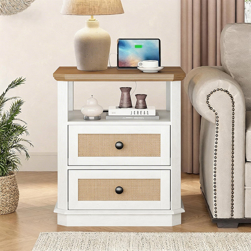 Rattan Nightstands with Storage and Built-in Outlets for Bedroom, 2 Drawers End Side Tables for Living Room,Office, White