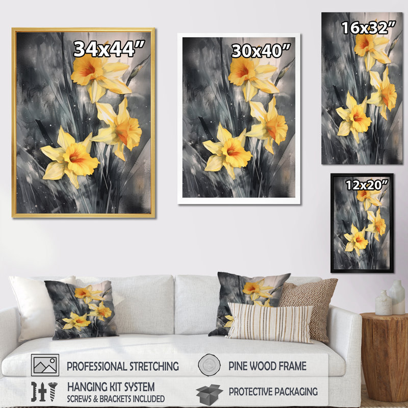 «Yellow Gray Natures Daffodils Impression II» sur toile, H 20 po x l 12 po x P 1 po, Toile tendue