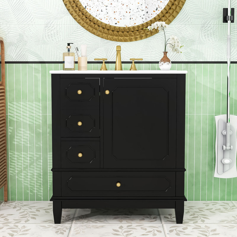 Meuble-lavabo simple contemporain en bois avec lavabo en céramique, charnières à fermeture en douceur et tablettes intégrées