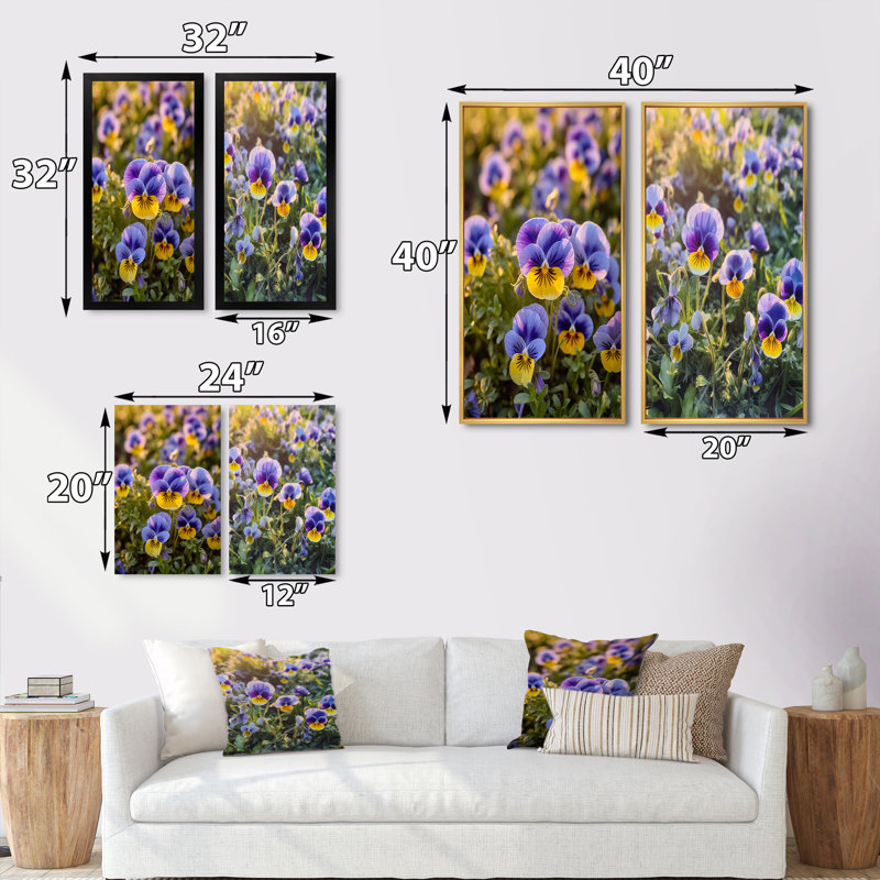 «Purple Yellow Natures Pansies», 2 pièces sur toile, Cadre blanc, H 24 po x l 20 po