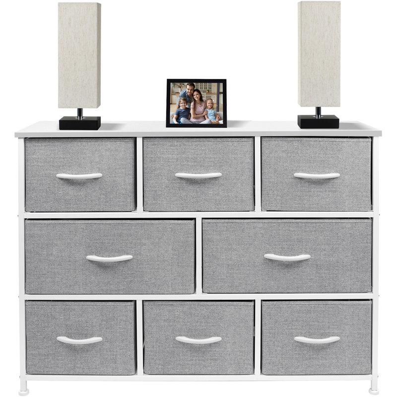 White and Gray 8-Drawer Fabric Dresser with Steel Frame