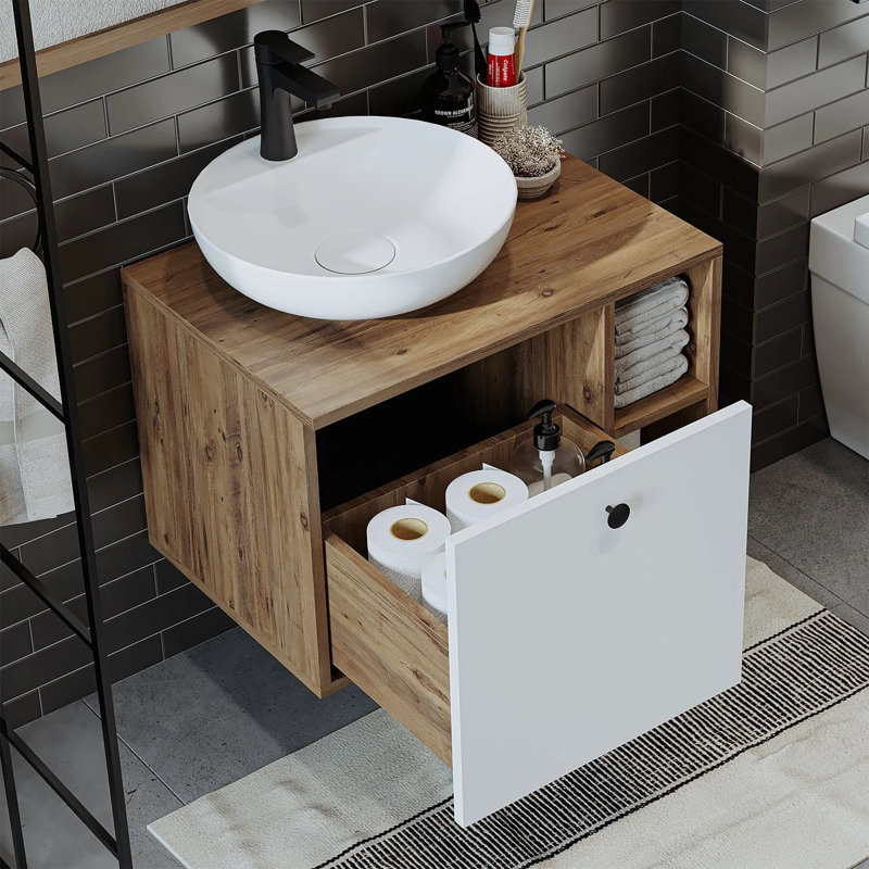 Lotus Bathroom Vanity Unit with Ceramic Washbasin / Sink 65cm, Natural/White