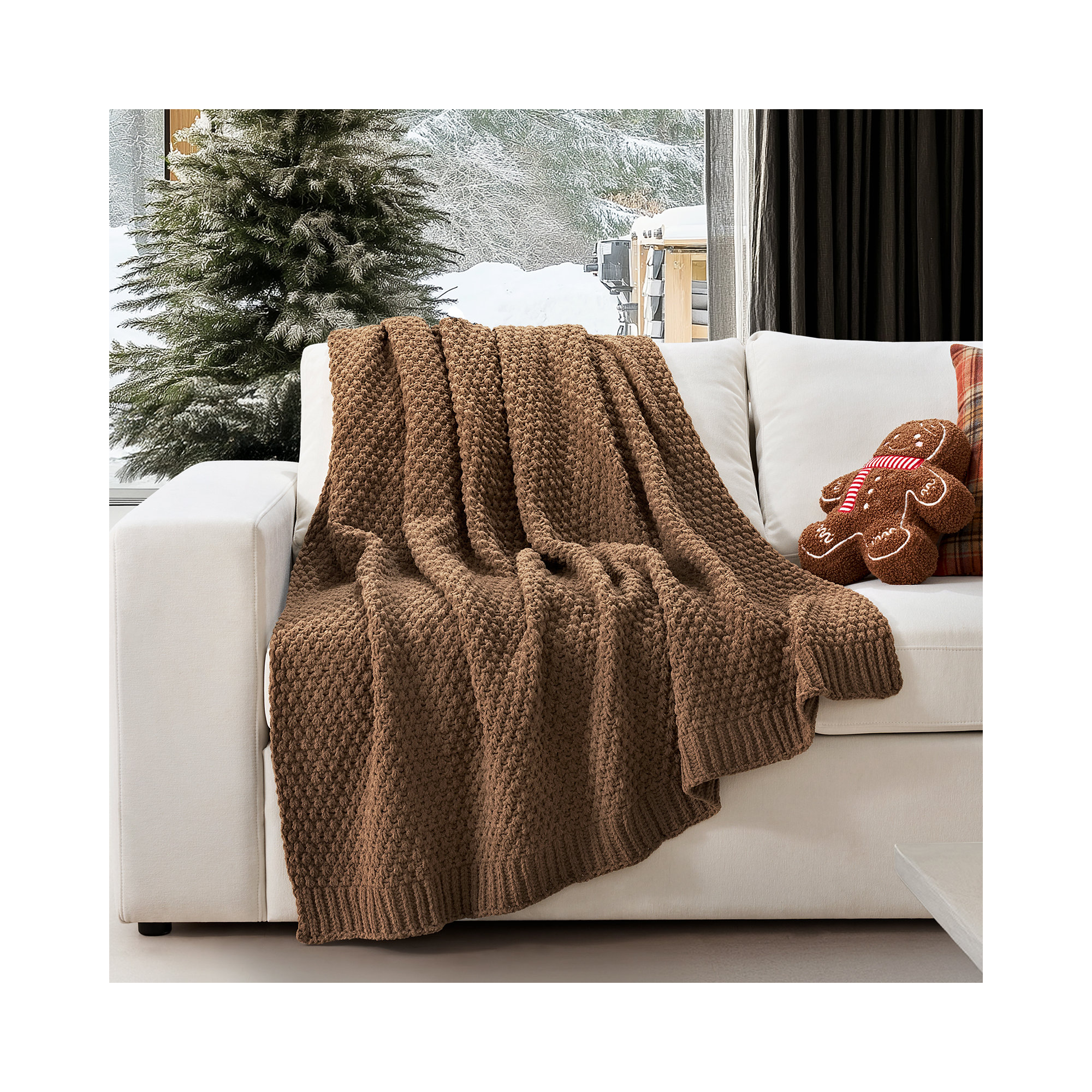 Chunky Chenille Knit Throw Blanket, Camel Brown, 80" L x 60" W