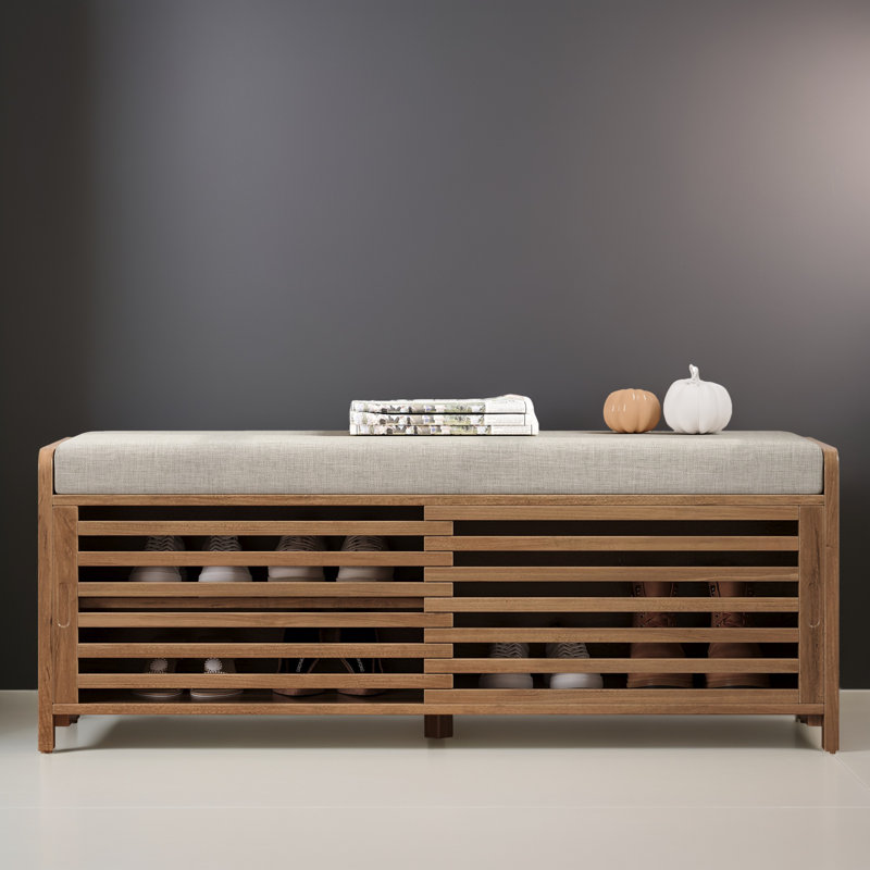43" Distressed Shutter Storage Bench, Entryway Storage with Storage, White Washed