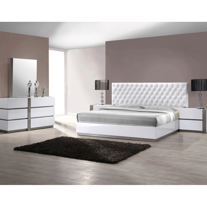 Table de chevet de style moderne, peuplier blanc, 2 tiroirs, étincelle argentée, décor laqué