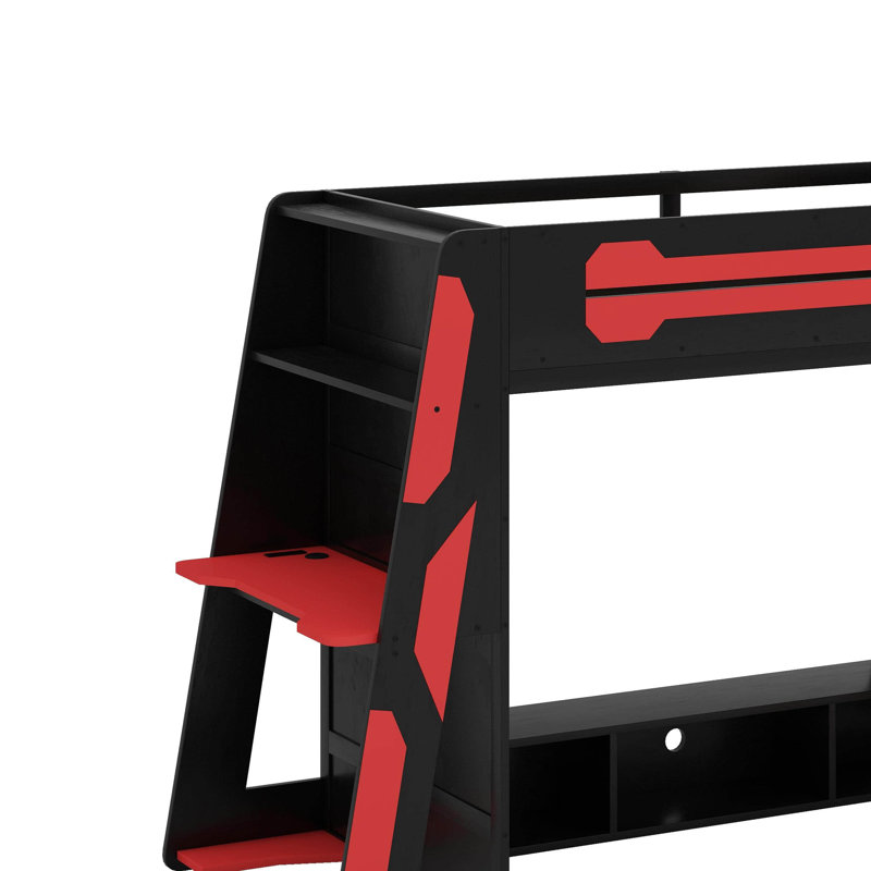 Twin Size Loft Bed With Desk And RGB Light, Red