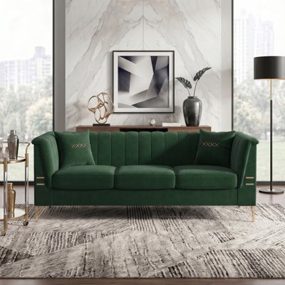Canapé 3 places moderne en velours avec 2 coussins décoratifs assortis, structure en bois massif et multi-couches et pieds de canapé en métal robustes, convient aux salons, aux études, aux cinémas maison et plus encore