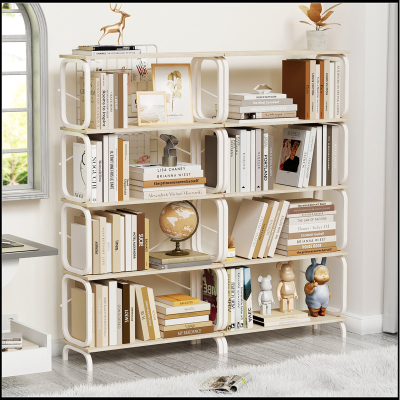 5 Tier Large Book Shelf, Bookcase with White Metal Frame for Home Office and Living Room, Vintage Industrial Style, White