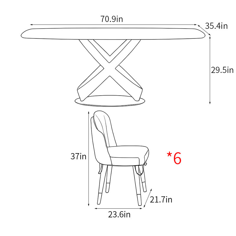 Ensemble de table de salle à manger rectangulaire de luxe de style italien, H 29,5 po x L 70,9 po x l 35,4 po