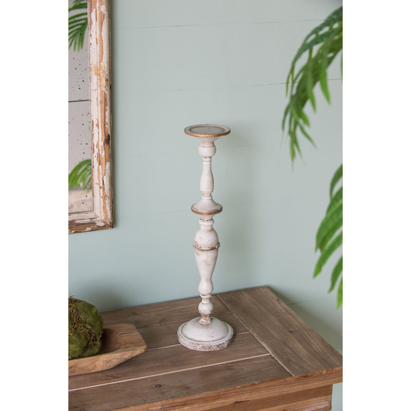 19” Tall Antique White Metal Candlestick, French Country Style Candle Holder, for Tabletop, Mantel, Dresser, Home and Office Decor