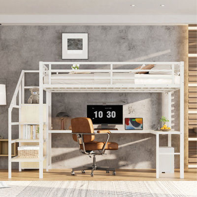 Grand lit mezzanine avec bureau en L et port USB, lit mezzanine en métal avec garde-robe et tablette réglable, lit mezzanine haut avec DEL pour enfants, adolescents, adultes, grain de bois blanc