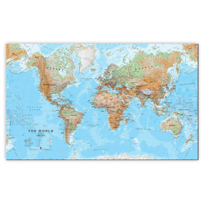 Large World Wall Map Physical 1 Piece Wrapped Canvas Wall Art