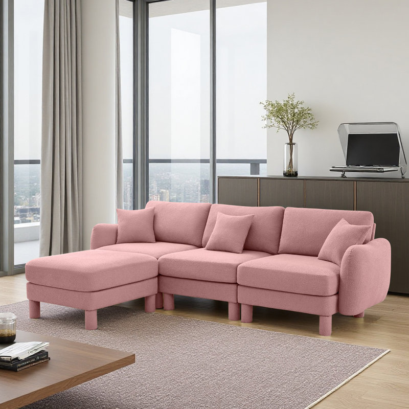 Boucle Fabric Convertible L Shape Sectional 3-Seater Sofa Couch With Distinctive Shell-Shaped Armrests And Removable Ottoman