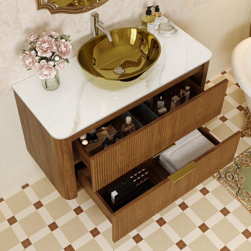 Ensemble de meuble-lavabo flottant simple 36 po avec lavabo en céramique dorée, bois massif brun, 2 tiroirs