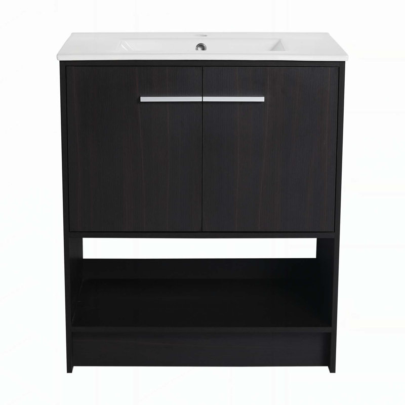 Meuble-lavabo autoportant avec lavabo en céramique et rangement pratique, Chêne foncé, 30"