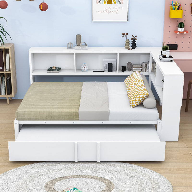 Lit de jour double en métal avec tablettes USB et lit gigogne simple, Blanc