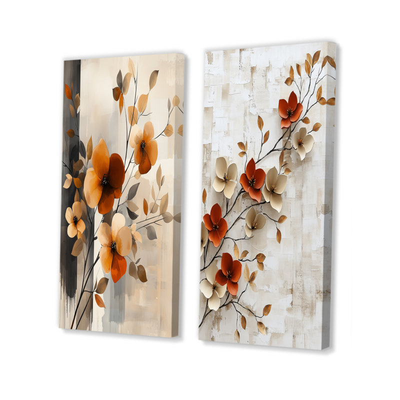 Ensemble de 2 bouquets de fleurs de cerisier orange et gris I - art mural cerisier en fleurs, H 28 po x l 24 po