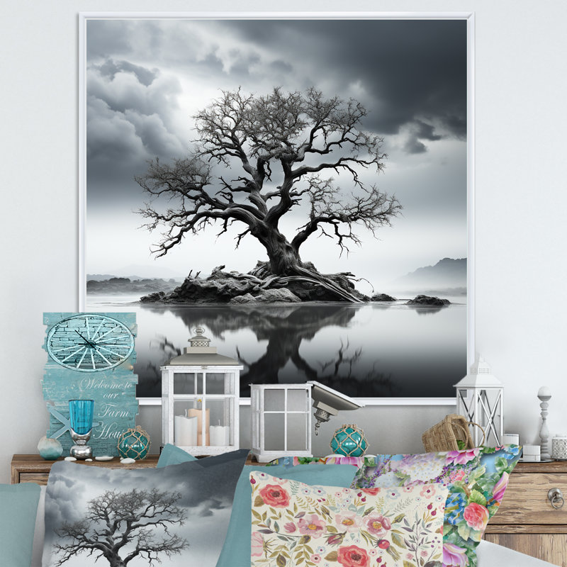 «Stormy Grays Tree Emotion I», reproduction sur toile, Cadre flottant blanc, H 30 po x l 30 po x P 1 po