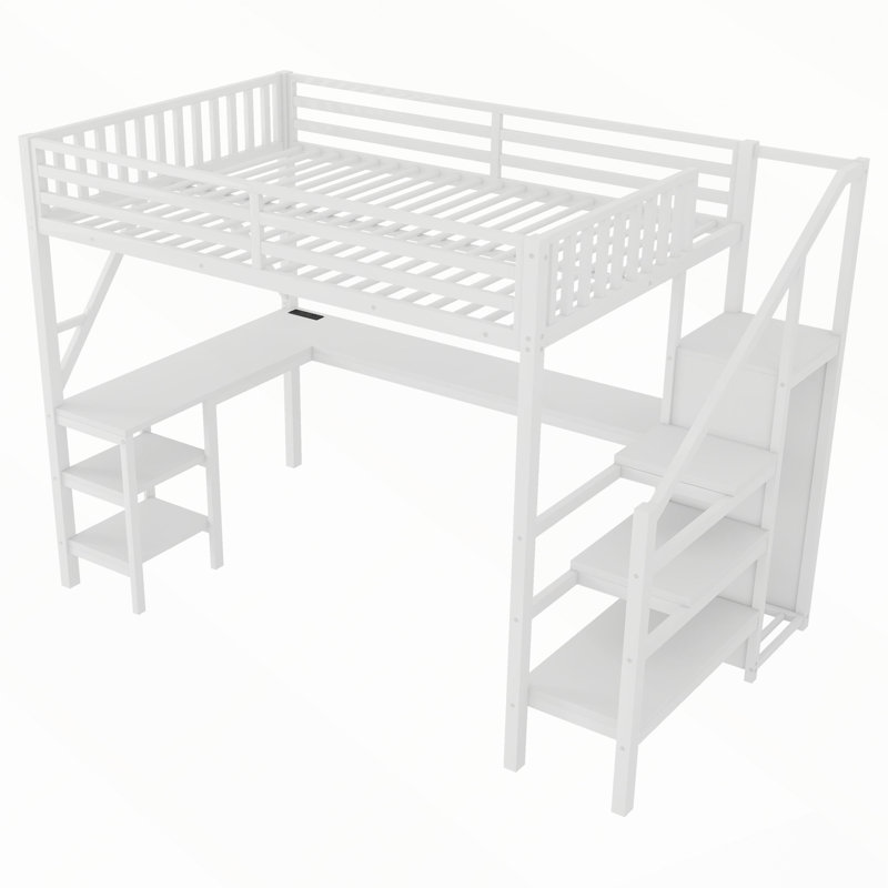 Lit mezzanine en métal avec armoire, bureau en L, port USB et éclairage DEL, Blanc