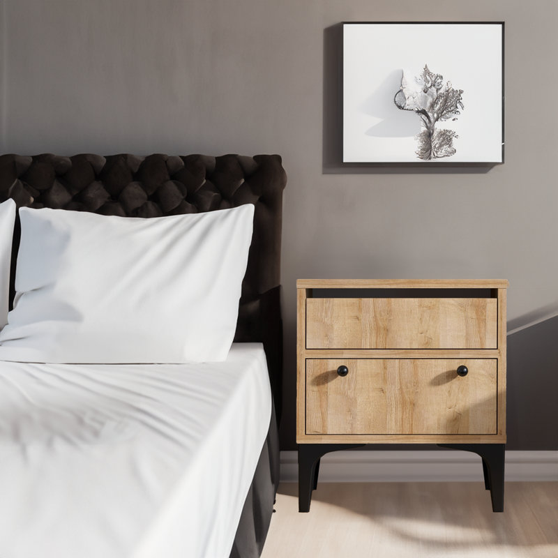 Industrial Nightstand, Oak Color, 17.7 x 20.1 x 15.7 inches | 100% Melamine Coated Particle Board, Thickness: 0.7 inches | Sturdy Plastic Legs with 5.9-inch Height | Perfect for Modern Bedrooms & Living Spaces