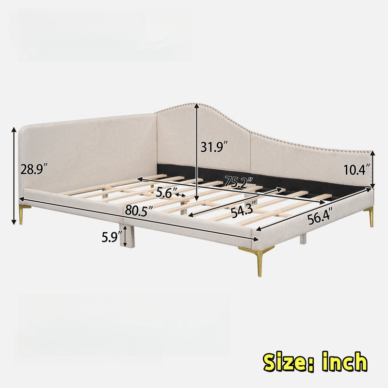 Lit de jour rembourré avec tête de lit et accoudoirs, Beige, Double