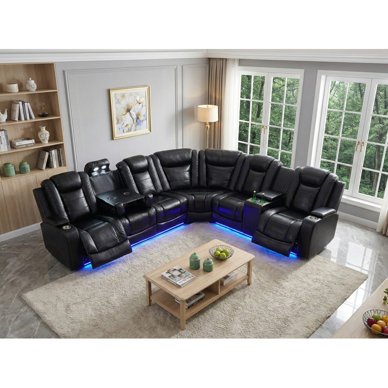 Overstuffed Air Leather Power Reclining Sofa Set With USB Ports, Color-Black