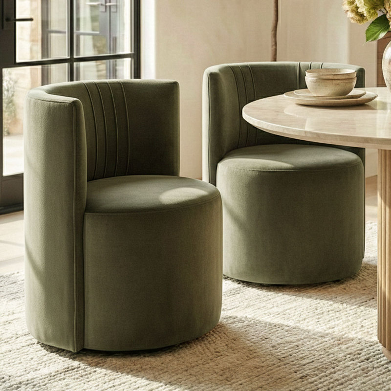 Velvet Upholstered Rolling Dining Chairs with Wheels, Green