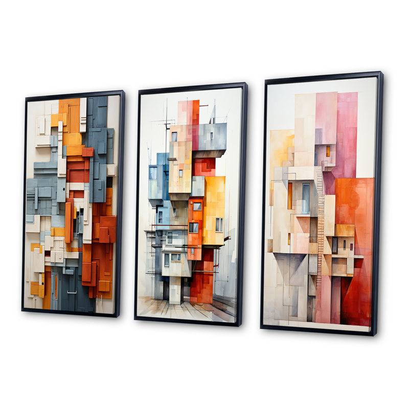 «Constructivism Construit Horizons I», 3 pièces, Cadre noir, H 28 po x l 36 po