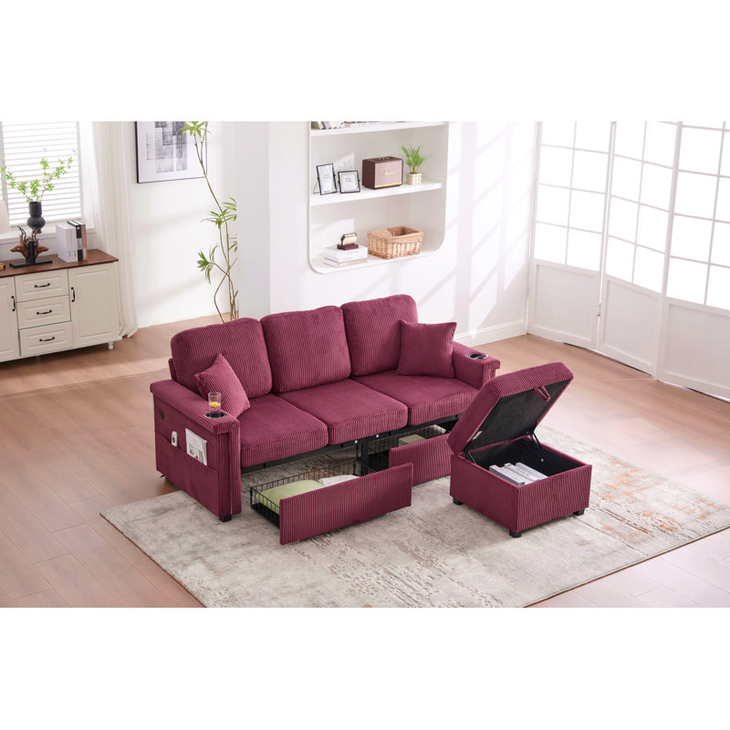 Canapé modulaire réversible en L 76,39 po avec rangement coulissant, repose-pieds et oreillers avec chargement USB, porte-gobelet pour le salon