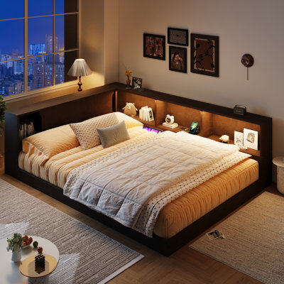 Queen Size Wood Daybed With Storage Shelves, Led Light And Charging Station, Solid Pine Sofa Bed With Usb Ports & Power Outlets For Guest Room Or Bedroom