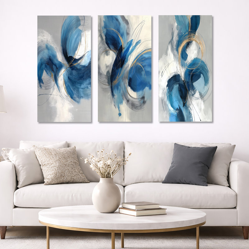 Tourbillon abstrait dans des tons bleus et blancs - art mural encadré abstrait, 3 pièces, H 40 po x l 60 po, Toile tendue