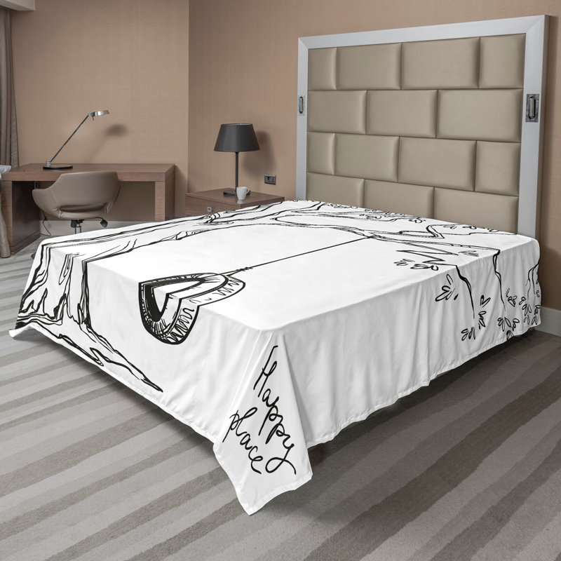 Ambesonne Black White Top Flat Sheet Happy Place Words Black White, Full Flat Sheet
