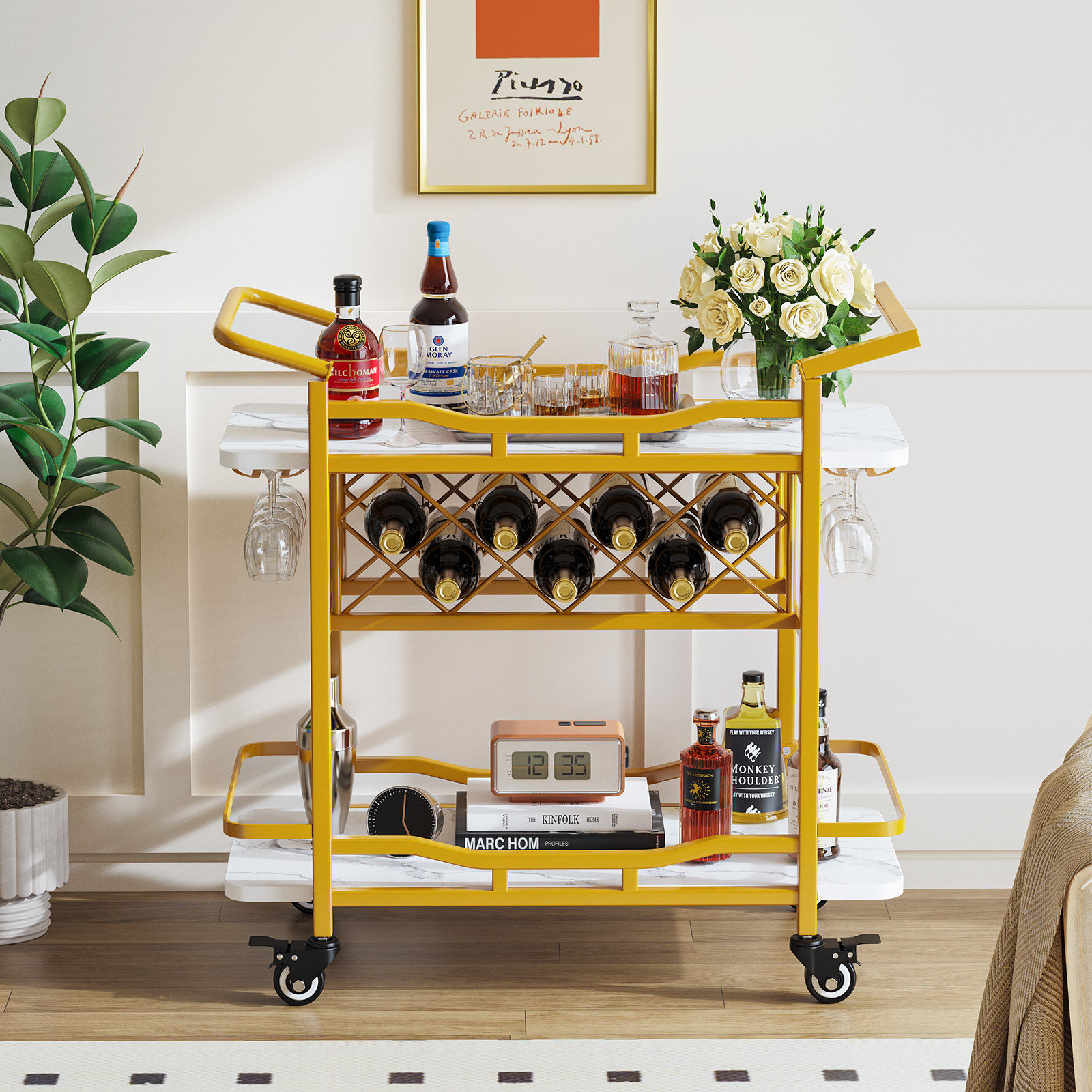 Mercer41 Rustan Metal Bar Cart with Wine Racks and Glasses Holder