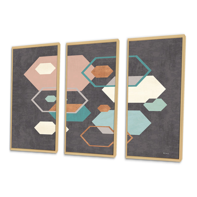 «Geometric Hexagons Pattern IV», ensemble d'art mural encadré moderne sur toile Mid-Century, H 20 po x l 36 po x P 1 po