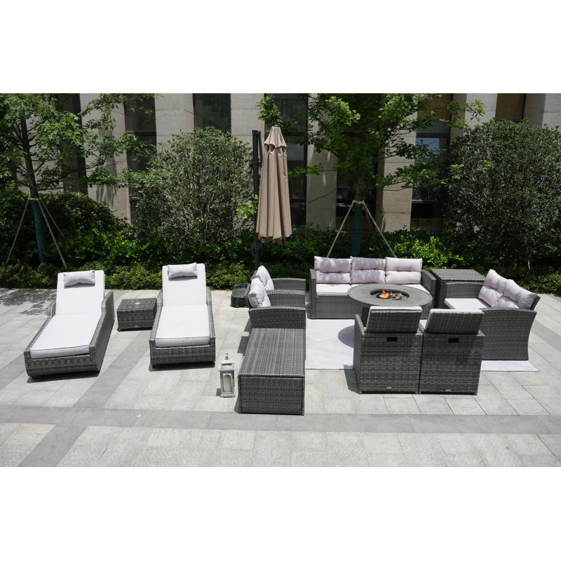 Ensemble de conversation en osier / rotin pour 11 personnes avec coussins Areefa, Gris