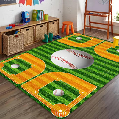 Baseball Field Area Carpet,Baseball Rug for Bedroom,Green Sports Field Living Room Carpet,Sports Games Durable Non-Slip Rugs for Indoor Sports Field Football Room Decor, 6′ × 8.2′