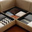 Élégant canapé en chenille 2 places Camel avec siège de rangement, dossier cylindrique et accoudoirs, causeuse moderne en tissu avec espace de rangement caché