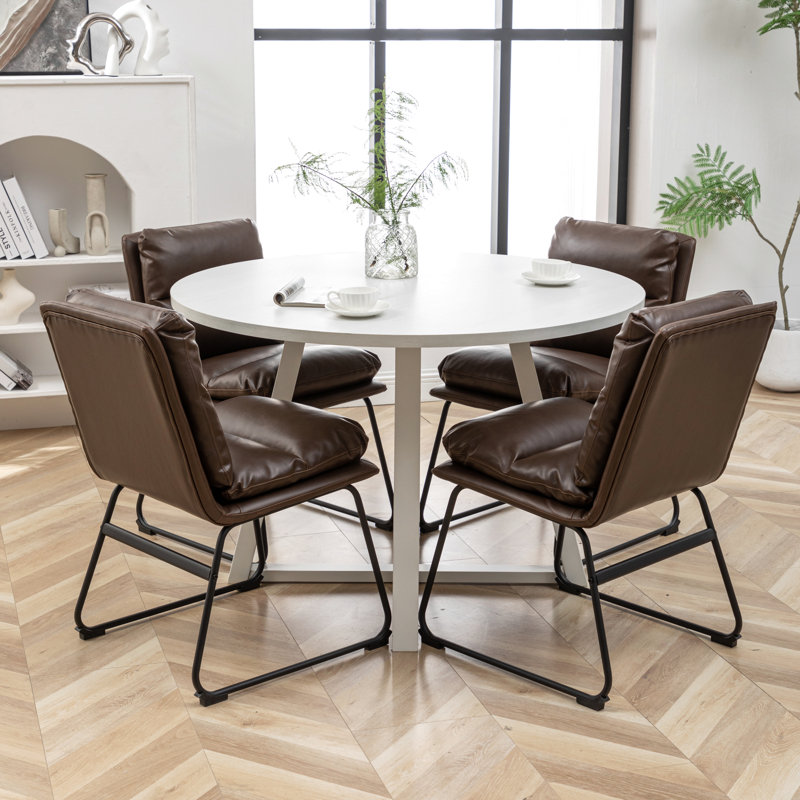 Ensemble de salle à manger 5 pièces à table ronde, table à manger à tréteaux et 4 chaises élégantes, Brun