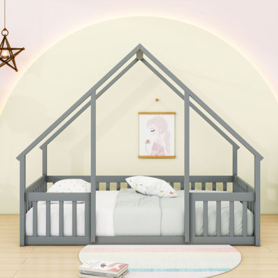 Wood House-Shaped Floor Bed With Fence