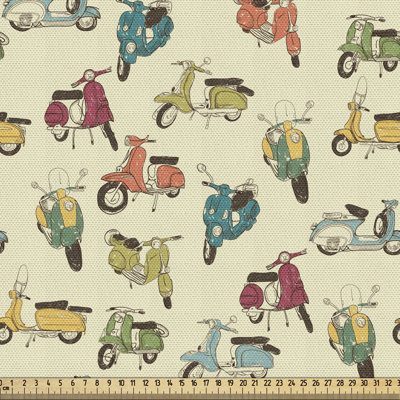 Tissu de moto à la verge, croquis de scooters colorés dans un style continu de style rétro, tissu décoratif pour le revêtement et les accessoires de maison, coquille d'œuf et multicolore
