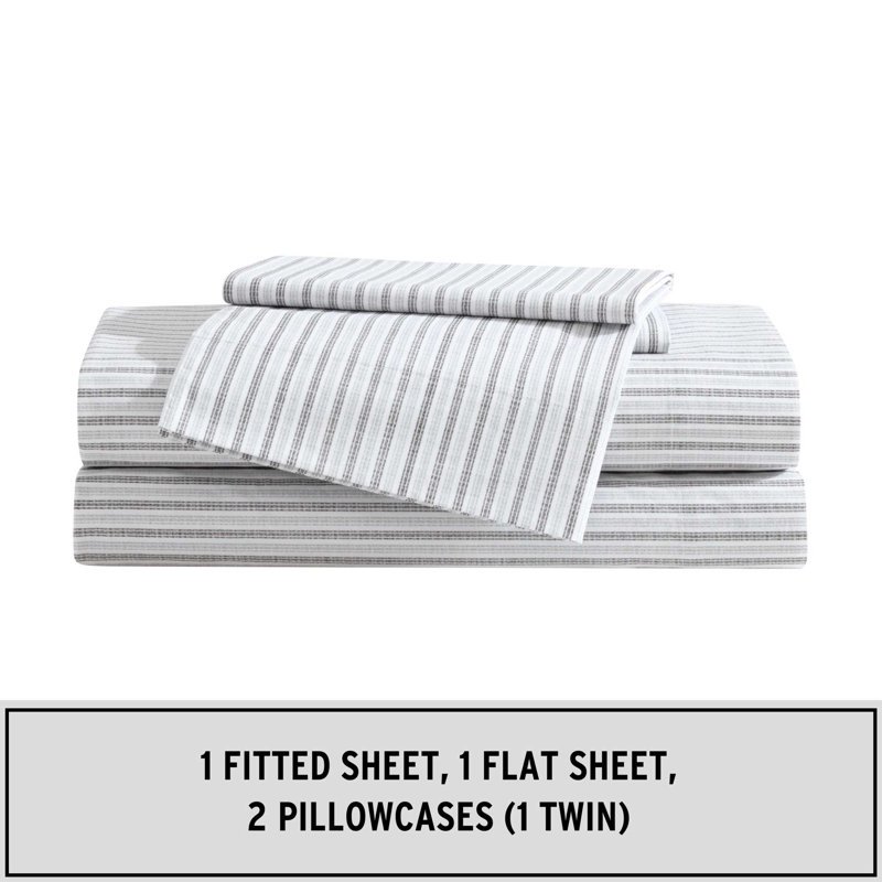 Shasta Lake Cotton Percale Standard Sheet Set, Queen Sheet Set with 2 Pillowcases, Ticking Stripe Gray