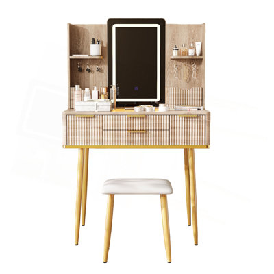 Vanity Desk With LED Mirror & Carved Details, Fluted Makeup Table With Metal Legs And PU Stool, Carved Dressing Table With Jewelry Storage For Bedroom by Mercer41