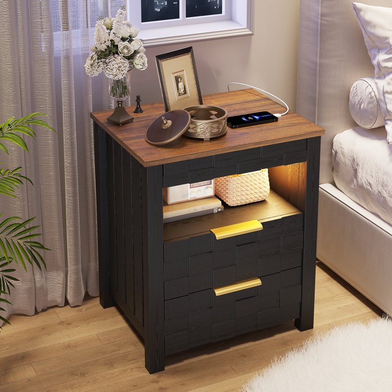 17.7"W 2-Drawer Nightstand With Light, Black/Brown