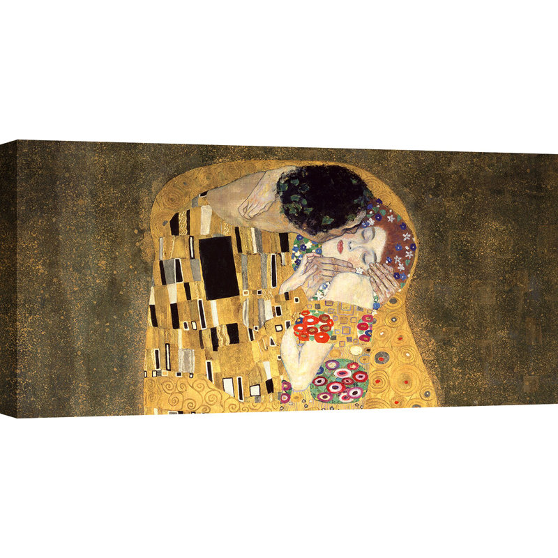 The Kiss (Detail) by Gustav Klimt - Wrapped Canvas Painting, 50cm H x 100cm W x 4cm D, Mustard/Khaki/Peach Puff