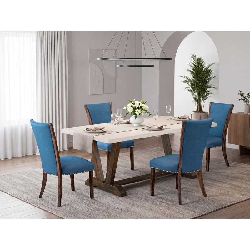 Ensemble de salle à manger moderne de 5 pièces comprenant une table rectangulaire en bois avec pieds en V et 4 chaises rembourrées en lin bleu, 101,6 x 182,9 cm, multicolore