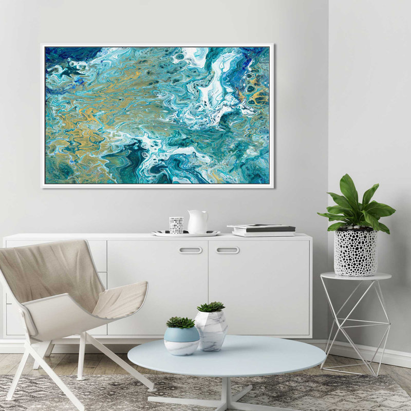 « earth essence i », reproduction de peinture à l’huile sur toile, H 39,5 po x l 63,5 po x P 2 po, Cadre flottant blanc