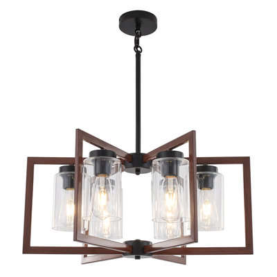 6 Light Chandelier, 24.4" Modern Farmhouse Chandeliers For Dining Room, Industrial Metal Geometric Hanging Light Fixture With Clear Glass Shade, Adjustable Height Chandelier For Kitchen Island Living Room Foyer