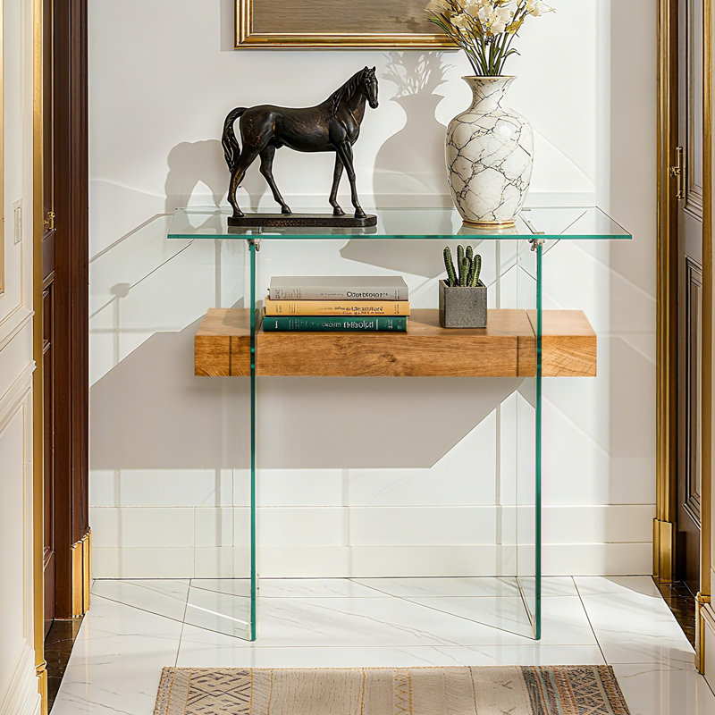 Tempered Glass Console Table with Shelf, Oak, 31.5"H x 31.5"W x 13.8"D